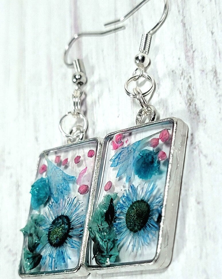 Vibrant Blue & Pink Flower Buds Earring, Springtime Floral Dangle, Naturally Pressed Drop