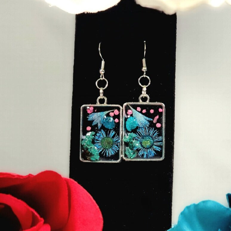 Vibrant Blue & Pink Flower Buds Earring, Springtime Floral Dangle, Naturally Pressed Drop