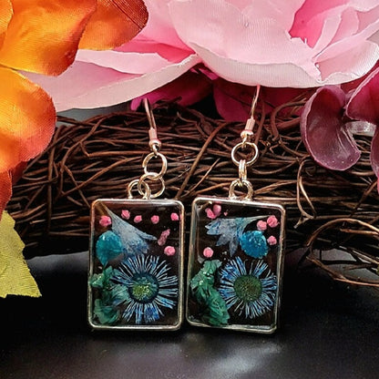 Vibrant Blue & Pink Flower Buds Earring, Springtime Floral Dangle, Naturally Pressed Drop