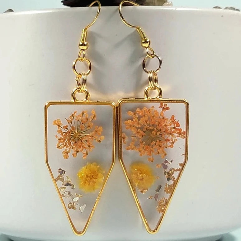 Yellow-Orange Real Flower Earrings, Everyday Jewelry, Minimalist Blooms, Vibrant Resin Dangle, Botanical Jewellery, Trendy & Bold Look