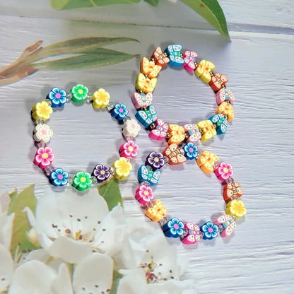 Polymer Clay Flower Butterfly Bracelet, Waterproof Jewelry, Comfort-Fit Wristlet, Young Teen Wear