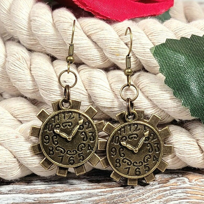 Clock in Wheel Cog Drop Earrings, Steampunk Fashion, Retro-Futuristic Style Dangle