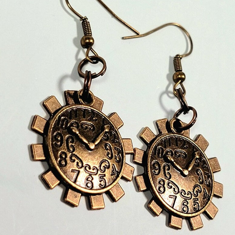 Clock in Wheel Cog Drop Earrings, Steampunk Fashion, Retro-Futuristic Style Dangle