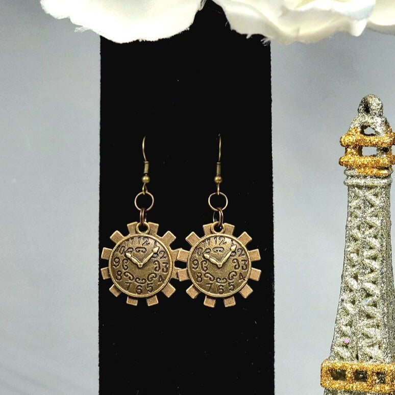 Clock in Wheel Cog Drop Earrings, Steampunk Fashion, Retro-Futuristic Style Dangle