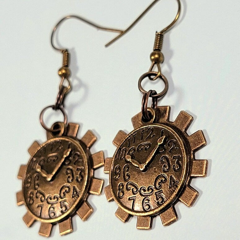 Clock in Wheel Cog Drop Earrings, Steampunk Fashion, Retro-Futuristic Style Dangle