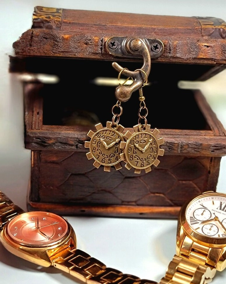 Clock in Wheel Cog Drop Earrings, Steampunk Fashion, Retro-Futuristic Style Dangle