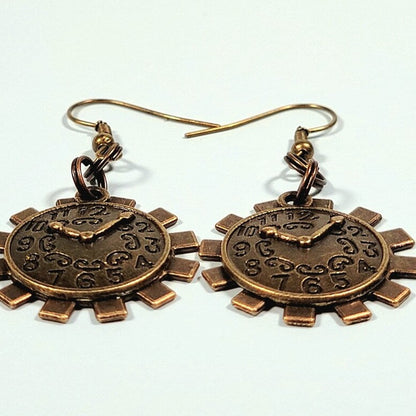 Clock in Wheel Cog Drop Earrings, Steampunk Fashion, Retro-Futuristic Style Dangle