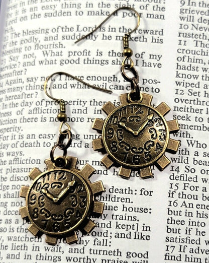 Clock in Wheel Cog Drop Earrings, Steampunk Fashion, Retro-Futuristic Style Dangle