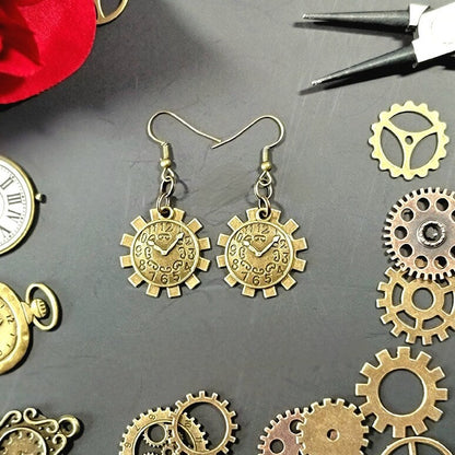 Clock in Wheel Cog Drop Earrings, Steampunk Fashion, Retro-Futuristic Style Dangle