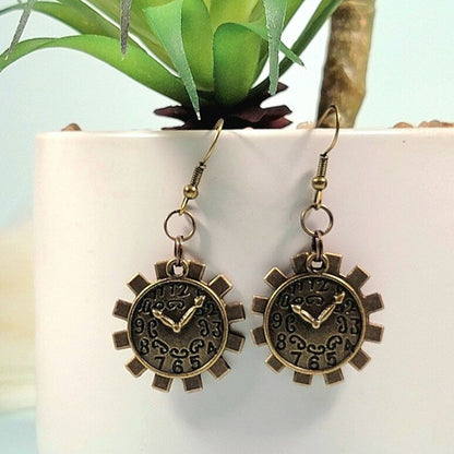 Clock in Wheel Cog Drop Earrings, Steampunk Fashion, Retro-Futuristic Style Dangle