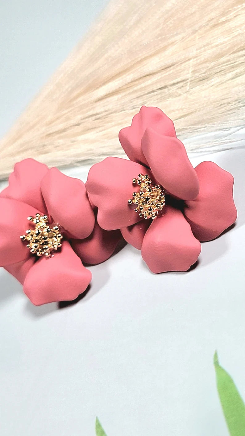 Coral Hue Floral Clay Earrings, Tropical Island Inspired Accessory