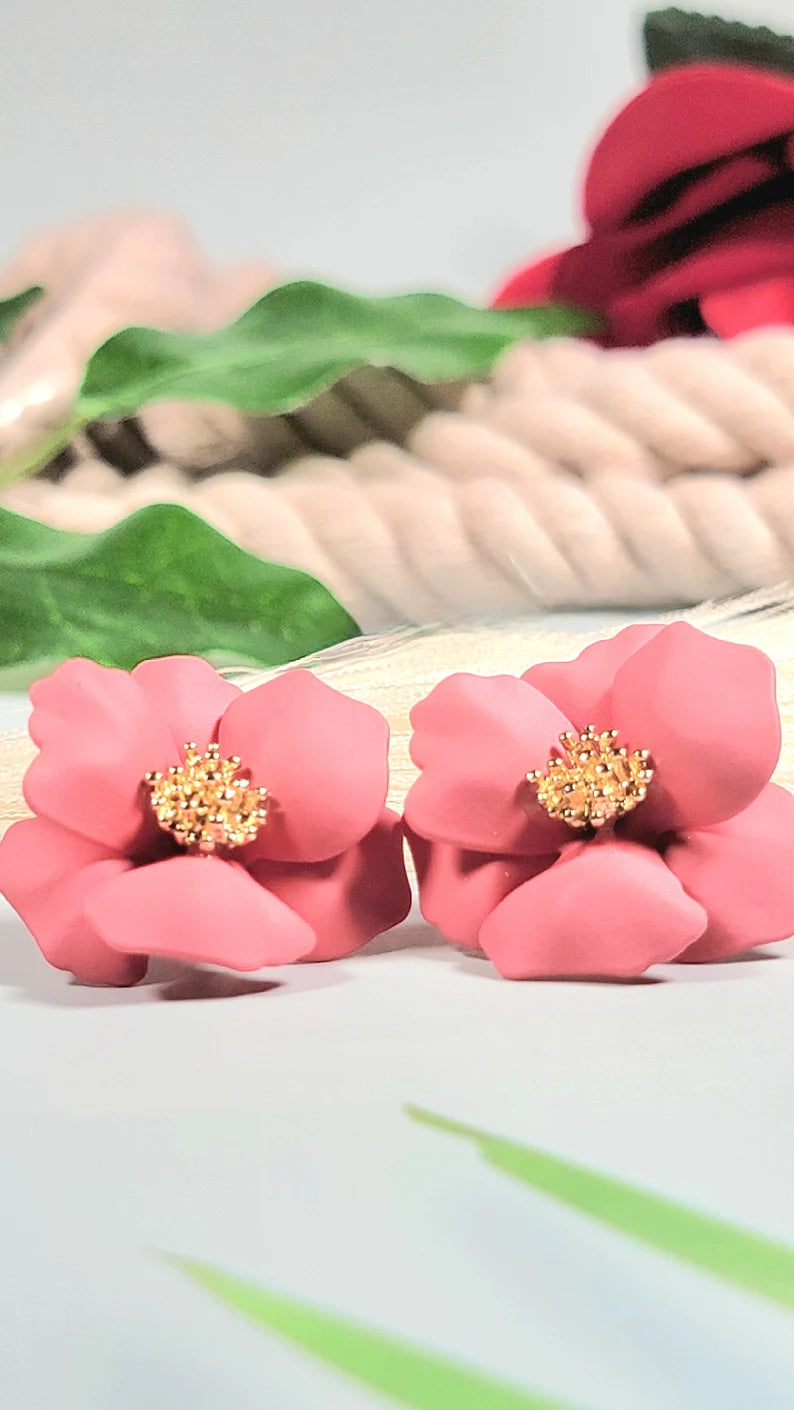 Coral Hue Floral Clay Earrings, Tropical Island Inspired Accessory