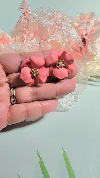 Coral Hue Floral Clay Earrings, Tropical Island Inspired Accessory