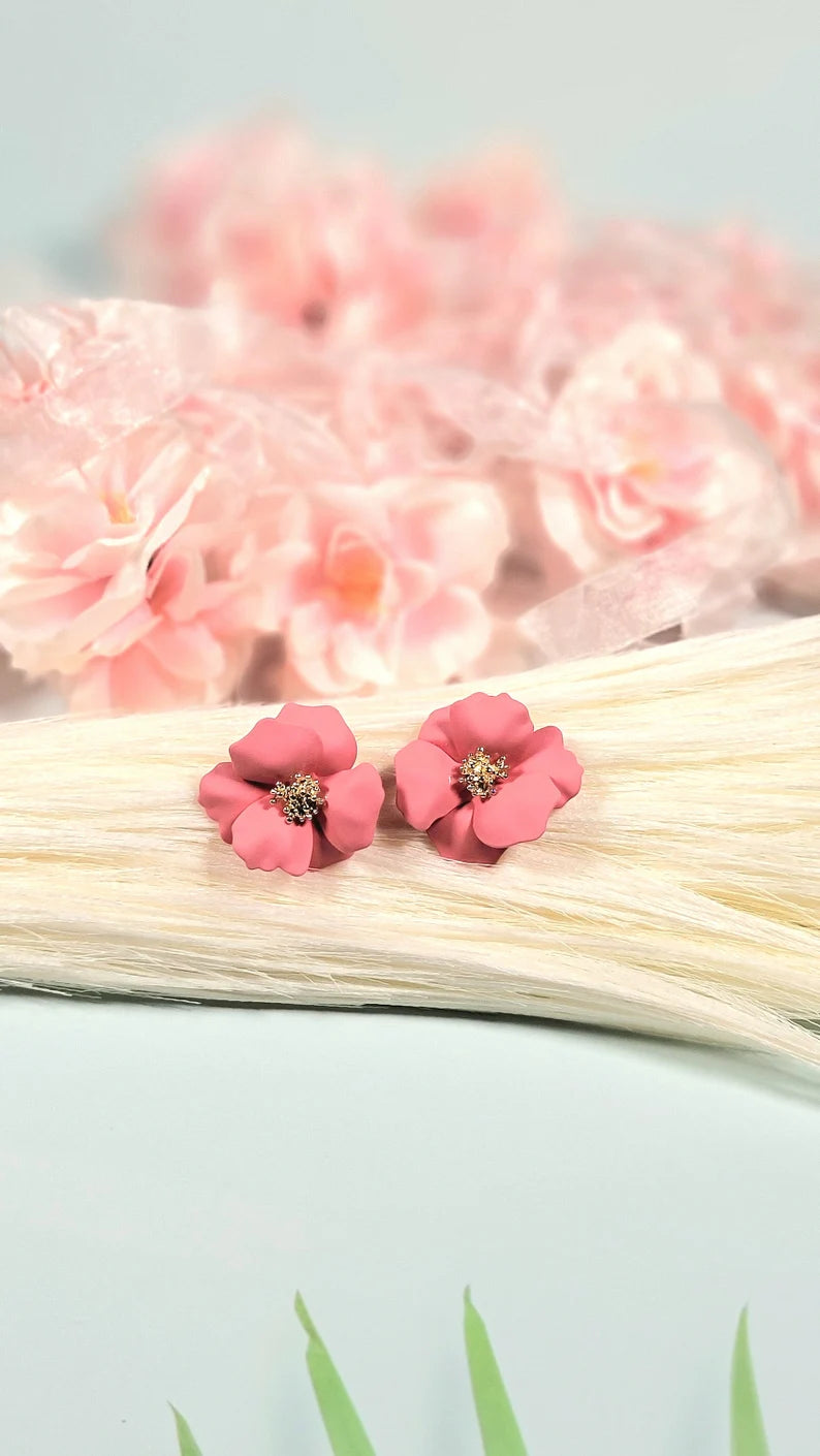 Coral Hue Floral Clay Earrings, Tropical Island Inspired Accessory