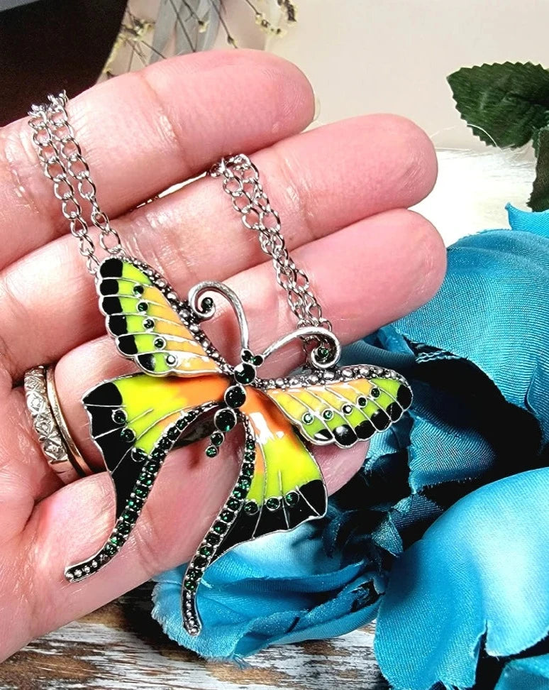 Dainty Butterfly Brooch & Necklace Combo, Lime Green Pendant, Jewelry with Multiple Wearing Options