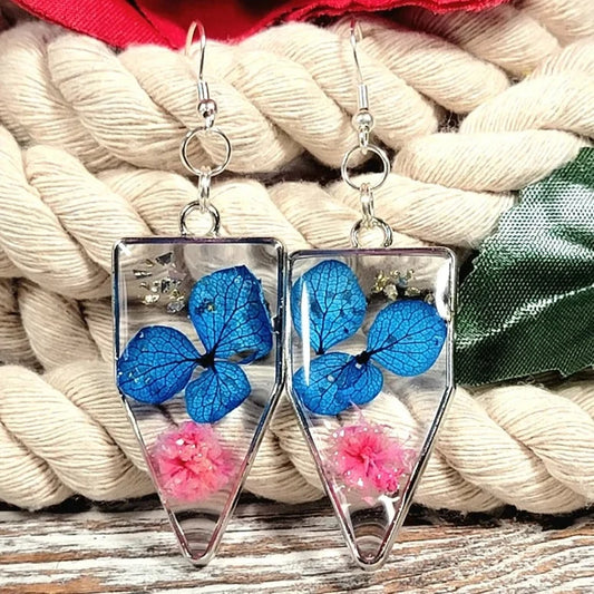 Naturally Preserved Blue Petal Earring, Real Pink Carnation Flower Dangle, Bold & Delicate Floral Pendant