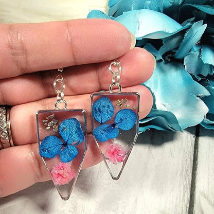 Naturally Preserved Blue Petal Earring, Real Pink Carnation Flower Dangle, Bold & Delicate Floral Pendant