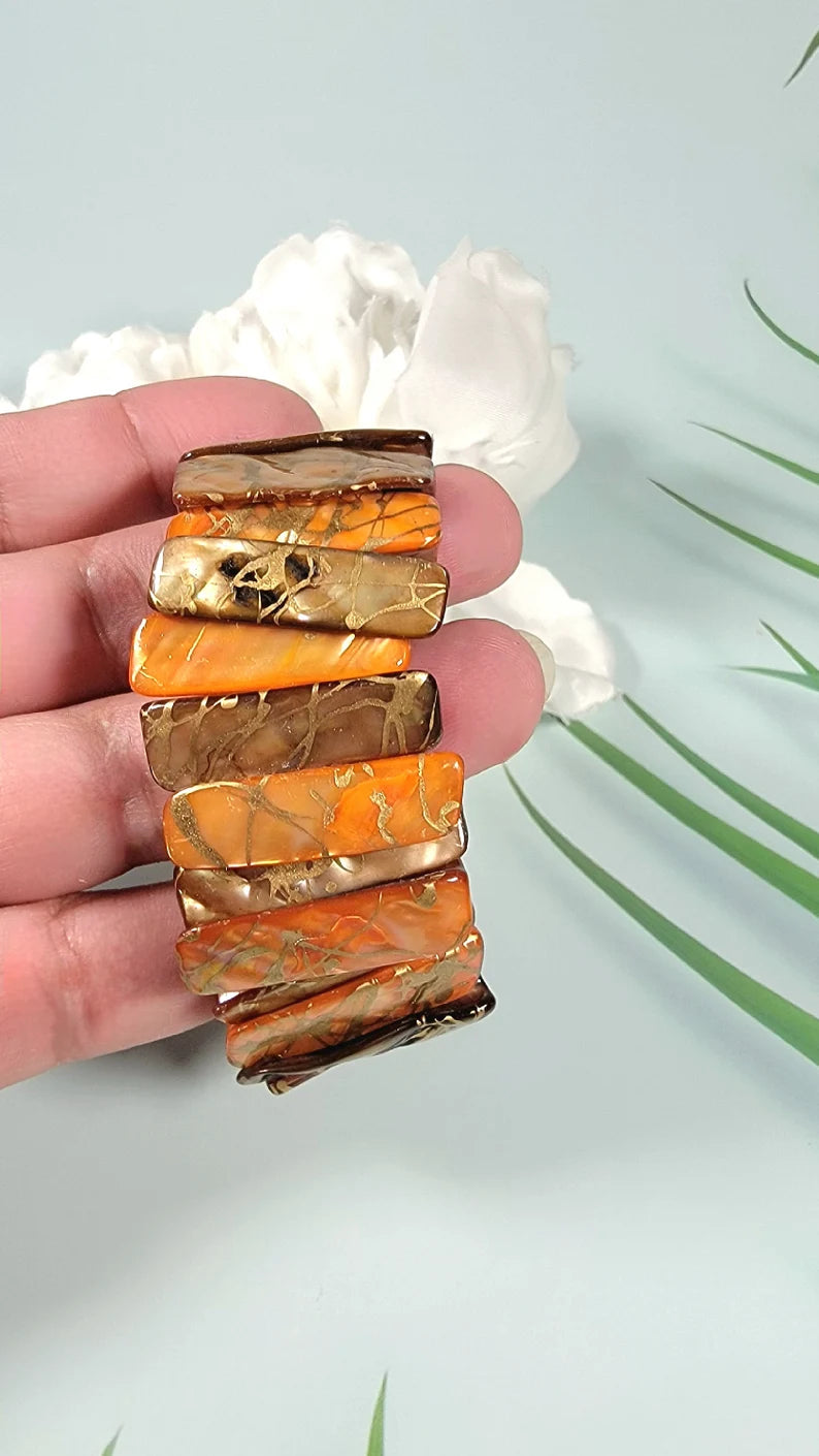 Earth Tone Shell Beaded Bracelet, Orange & Gold Wide Bangle Jewelry