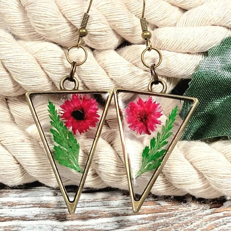 Bright Pink Buds and Green Fern Earrings, Naturally Pressed Flower Dangle