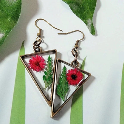 Bright Pink Buds and Green Fern Earrings, Naturally Pressed Flower Dangle