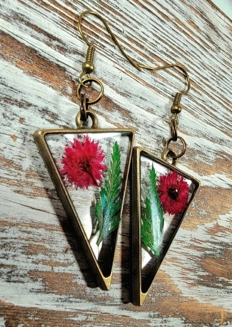 Bright Pink Buds and Green Fern Earrings, Naturally Pressed Flower Dangle