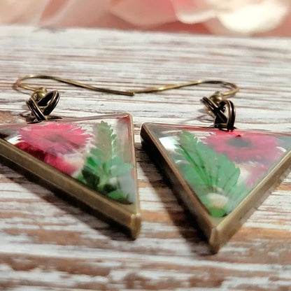 Bright Pink Buds and Green Fern Earrings, Naturally Pressed Flower Dangle