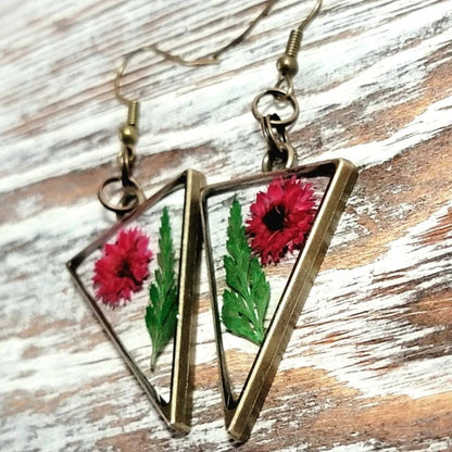 Bright Pink Buds and Green Fern Earrings, Naturally Pressed Flower Dangle