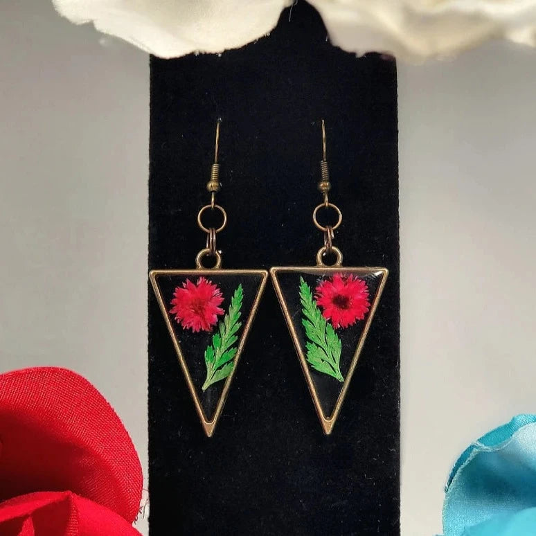 Bright Pink Buds and Green Fern Earrings, Naturally Pressed Flower Dangle