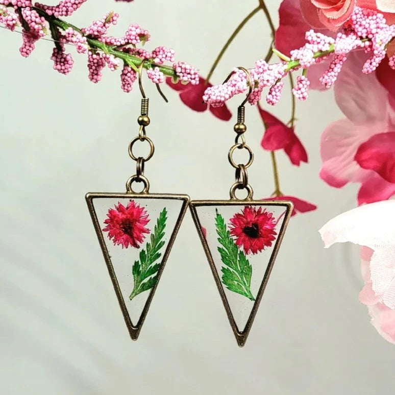 Bright Pink Buds and Green Fern Earrings, Naturally Pressed Flower Dangle