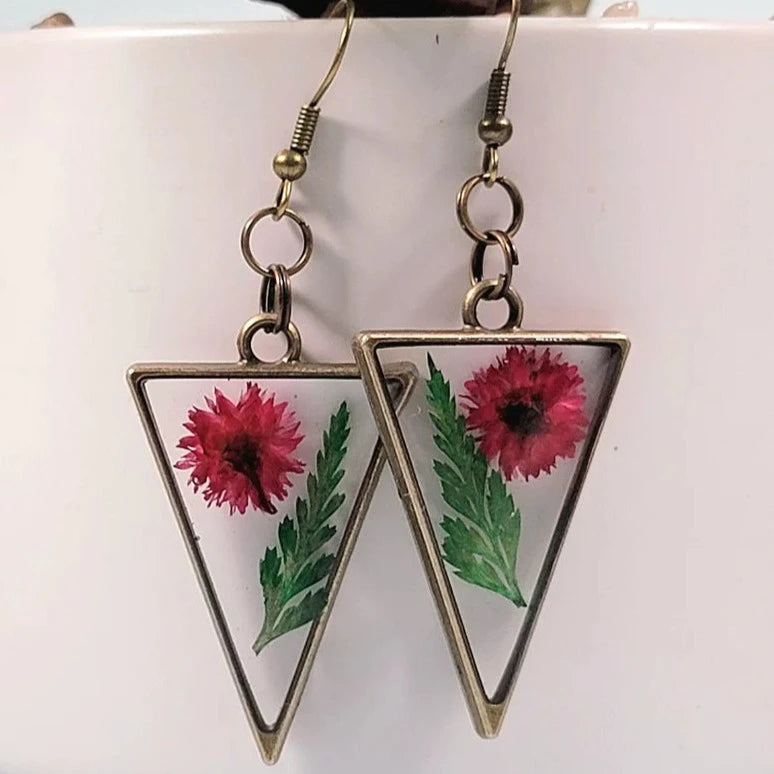 Bright Pink Buds and Green Fern Earrings, Naturally Pressed Flower Dangle