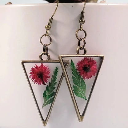 Bright Pink Buds and Green Fern Earrings, Naturally Pressed Flower Dangle