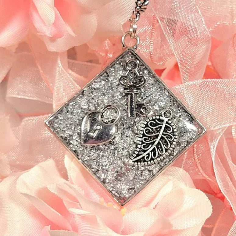 Mystical Key to the Heart Silver Necklace, Filigree Leaf Pendant, Love Theme Jewelry