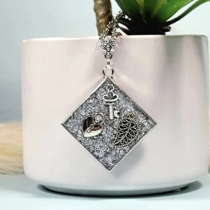 Mystical Key to the Heart Silver Necklace, Filigree Leaf Pendant, Love Theme Jewelry