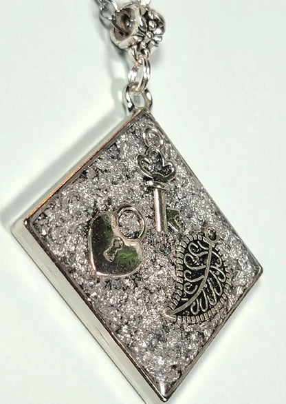 Mystical Key to the Heart Silver Necklace, Filigree Leaf Pendant, Love Theme Jewelry