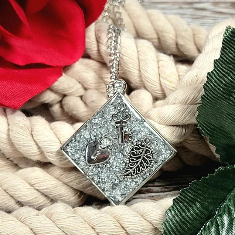 Mystical Key to the Heart Silver Necklace, Filigree Leaf Pendant, Love Theme Jewelry