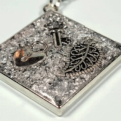 Mystical Key to the Heart Silver Necklace, Filigree Leaf Pendant, Love Theme Jewelry