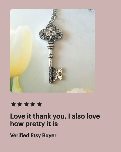 Silver Key Pendant Necklace, Rhinestone Skeleton Key Pendant, Daily Wear Heart Charm, Anniversary Present, Keepsake Love Token