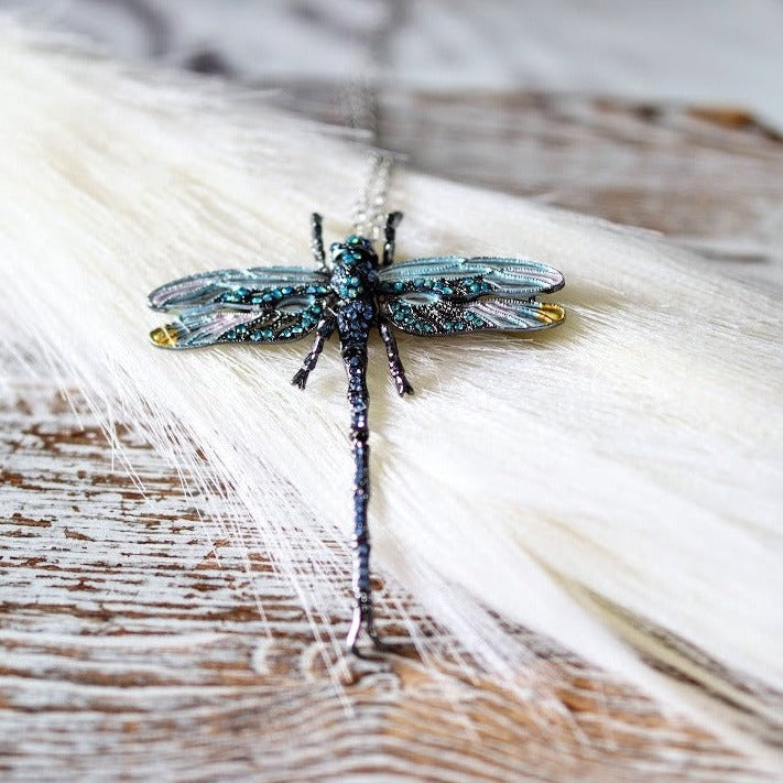 Jeweled Dragonfly Rhinestone Brooch / Necklace, Dual Use Jewelry, Nature Inspired Pendant, Unique Statement Accessory