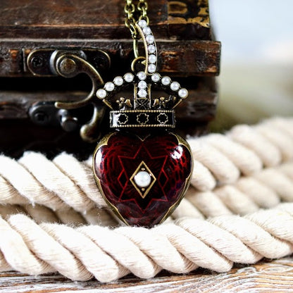 Pearl Studded Crowned Red Heart Necklace, Vintage-Themed Gothic Aesthetic Elegance