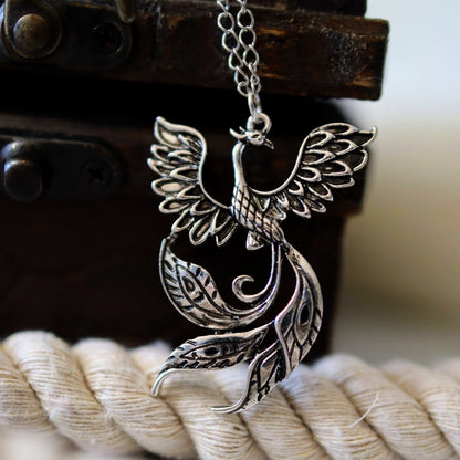 Dramatic Silver Phoenix Bird Necklace