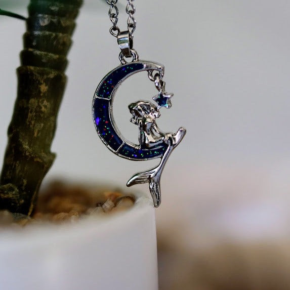 Mermaid Sitting on Silver Crescent Moon Necklace, Sea-Themed Jewelry