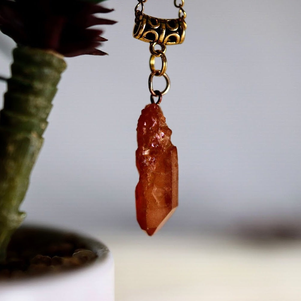 Raw Peach Stone Dagger Necklace