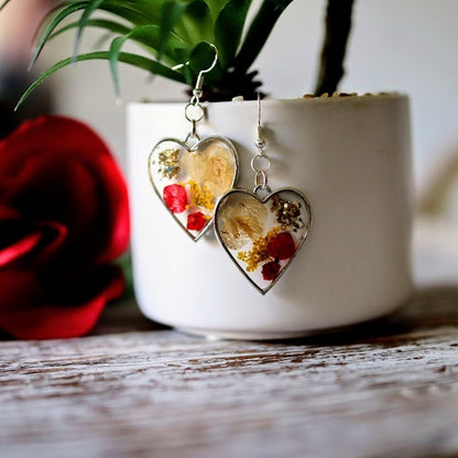 Vibrant Red Rose Petals Heart Earring, Real Flower Dangle