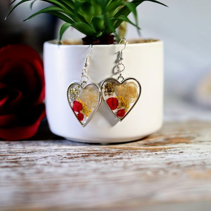 Vibrant Red Rose Petals Heart Earring, Real Flower Dangle