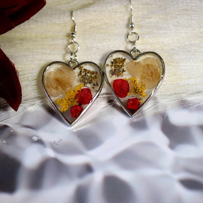 Vibrant Red Rose Petals Heart Earring, Real Flower Dangle