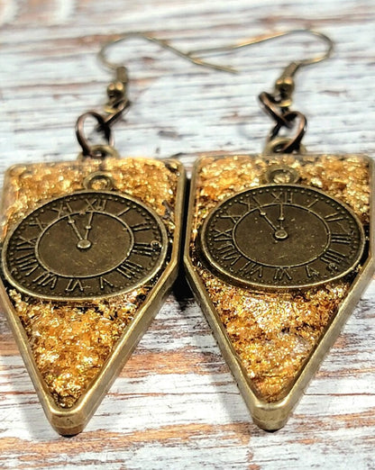 Industrial Elegance Steampunk Earrings, Handmade Resin Art Pendant, Timeless Clock Part Charm, Miniature Watch in Bezel Dangle