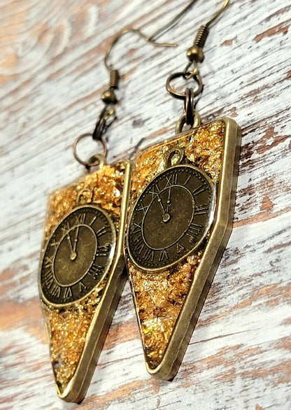 Industrial Elegance Steampunk Earrings, Handmade Resin Art Pendant, Timeless Clock Part Charm, Miniature Watch in Bezel Dangle