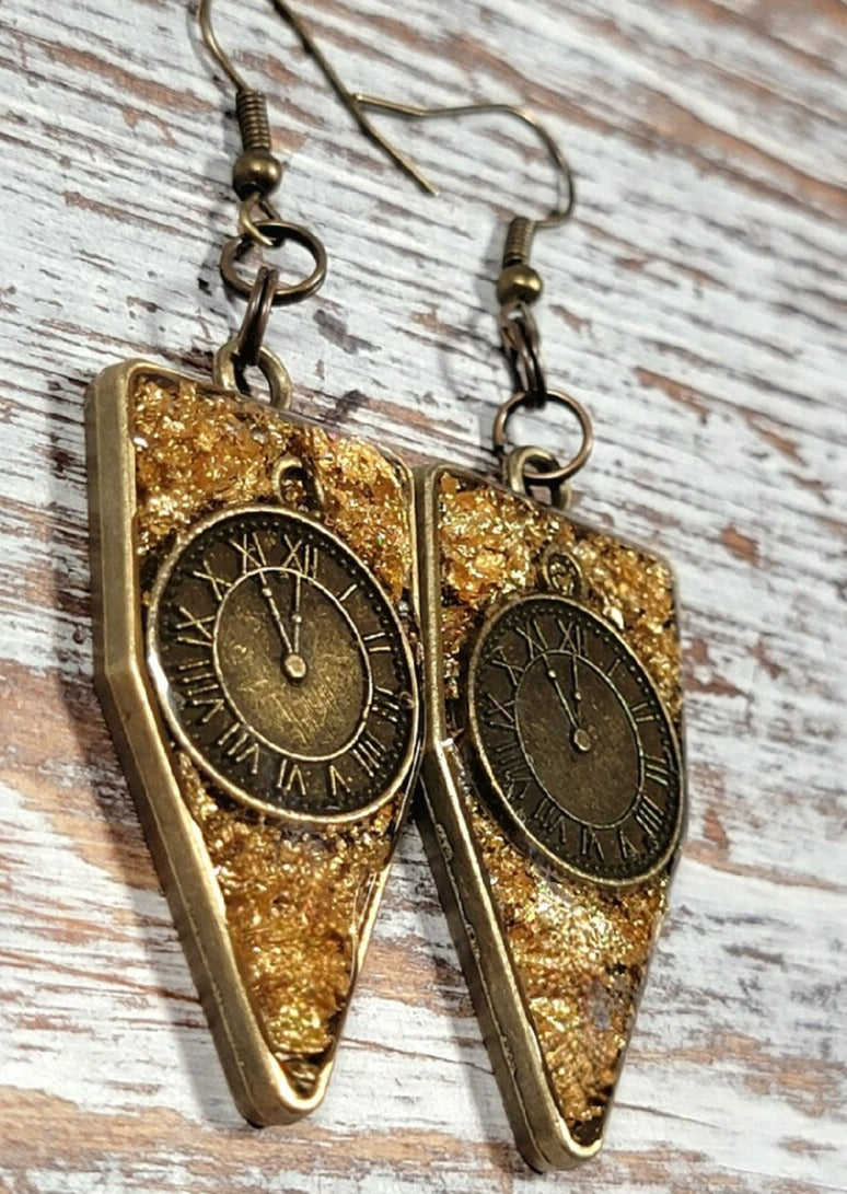 Industrial Elegance Steampunk Earrings, Handmade Resin Art Pendant, Timeless Clock Part Charm, Miniature Watch in Bezel Dangle