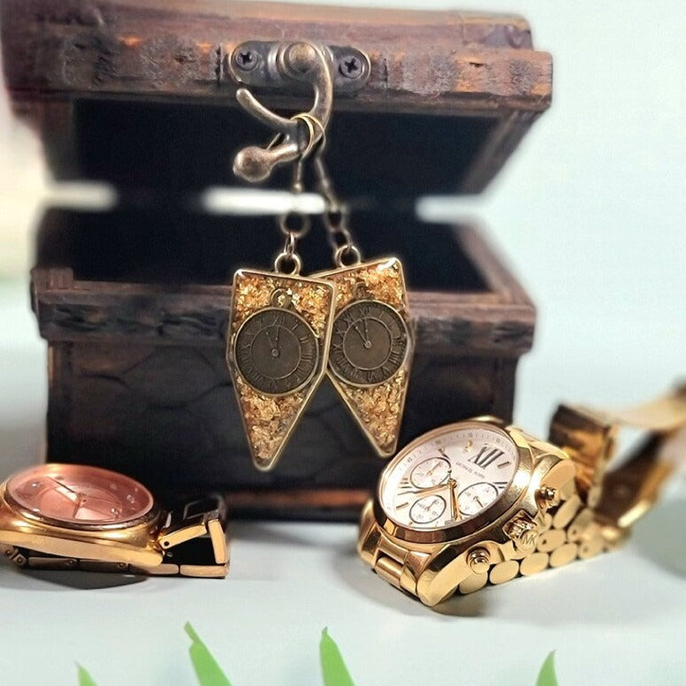 Industrial Elegance Steampunk Earrings, Handmade Resin Art Pendant, Timeless Clock Part Charm, Miniature Watch in Bezel Dangle