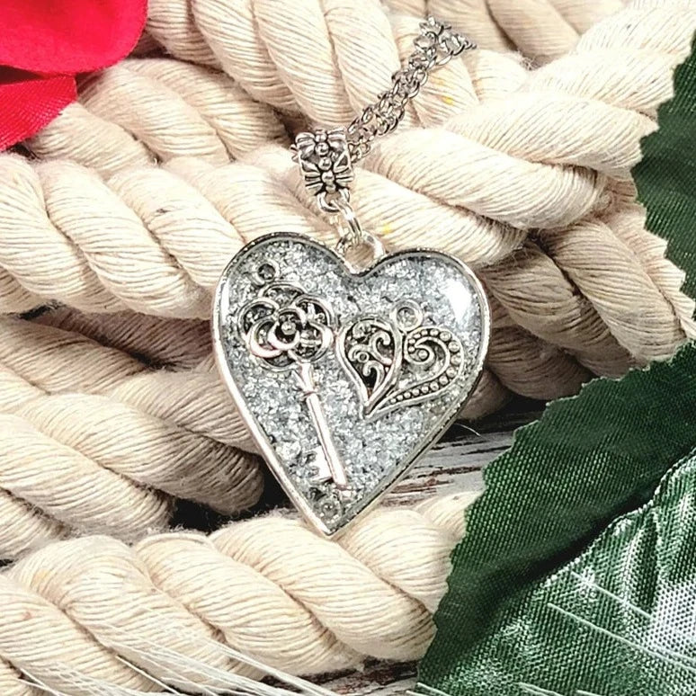 Silver Key to My Heart Necklace, Perfect Gift for Cherished Memories, Resin Art Pendant, Valentine's Day Present